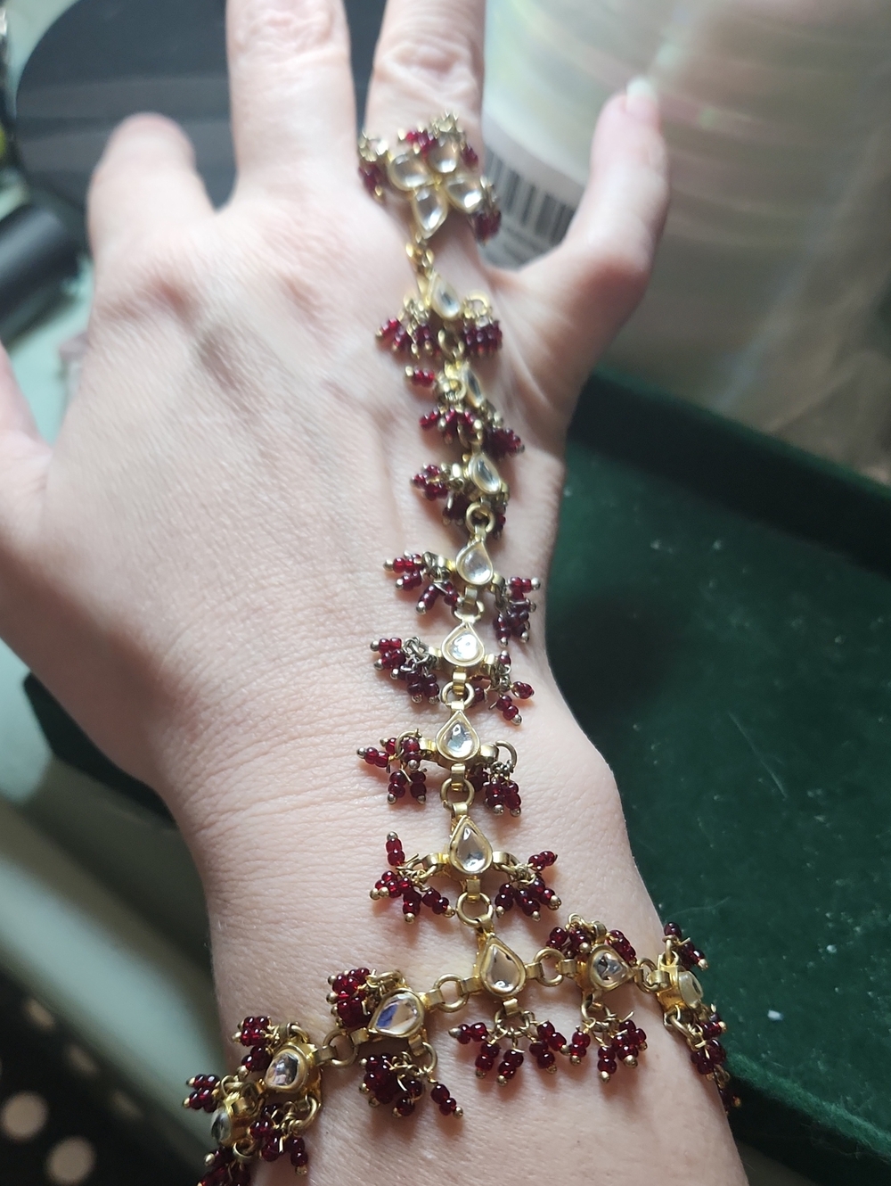 Pair of Gold-Tone Hand Chain Bracelet with Red Gem Accents, Adjustable Size